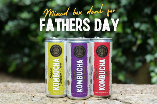 an image of three cans of moocha kombucha with leaves in the background offering a father's day gifting idea.