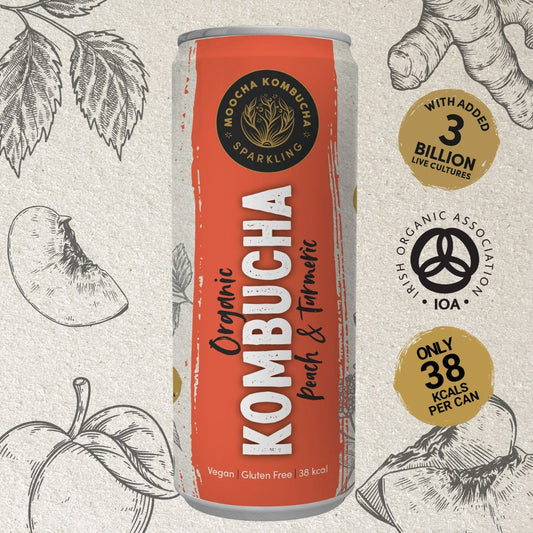 A can of Mocha Kombucha Sparkling Organic Peach & Turmeric is displayed. The label mentions "Vegan," "Gluten-Free," "Only 38 kcal per can," and "With added 3 billion live cultures." The background has sketches of organic ingredients and the Irish Organic Association logo.