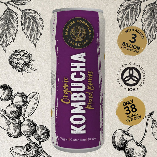 A purple can of Moocha Kombucha Sparkling Organic Mixed Berries is set against a background featuring hand-drawn berries and leaves. The label highlights "3 billion live cultures," "Only 38 kcal per can," and vegan and gluten-free certifications.