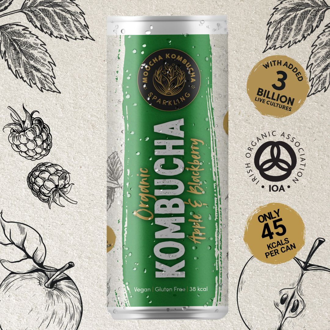 A can of Mocha Kombucha sparkling apple and blackberry flavor with 45 kcal, organic certification, and added 3 billion live cultures. Background features illustrations of berries and botanical elements.