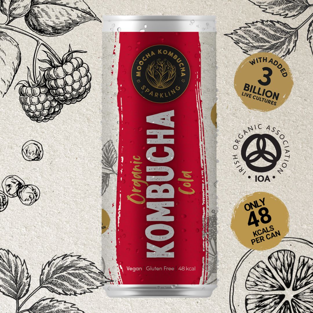 A can of organic mocha kombucha cola with a red label, showcasing it as vegan, gluten-free, with 48 kcal per can and 3 billion live cultures. The background features illustrated berries and leaves.