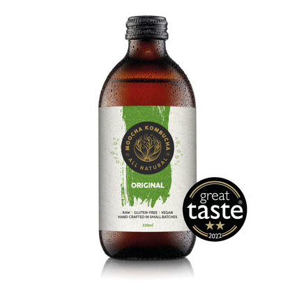 Moocha kombucha, Original made with organic tea, is gluten free, and is packed full of probiotic and healthy gut cultures